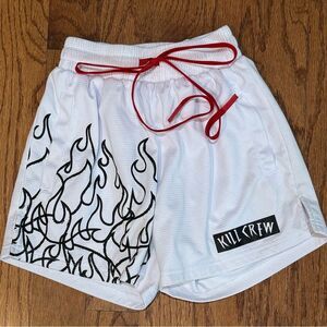 EUC KILL CREW UNISEX MUAY THAI FLAME SHORTS (MID THIGH CUT) - WHITE / BLACK XS